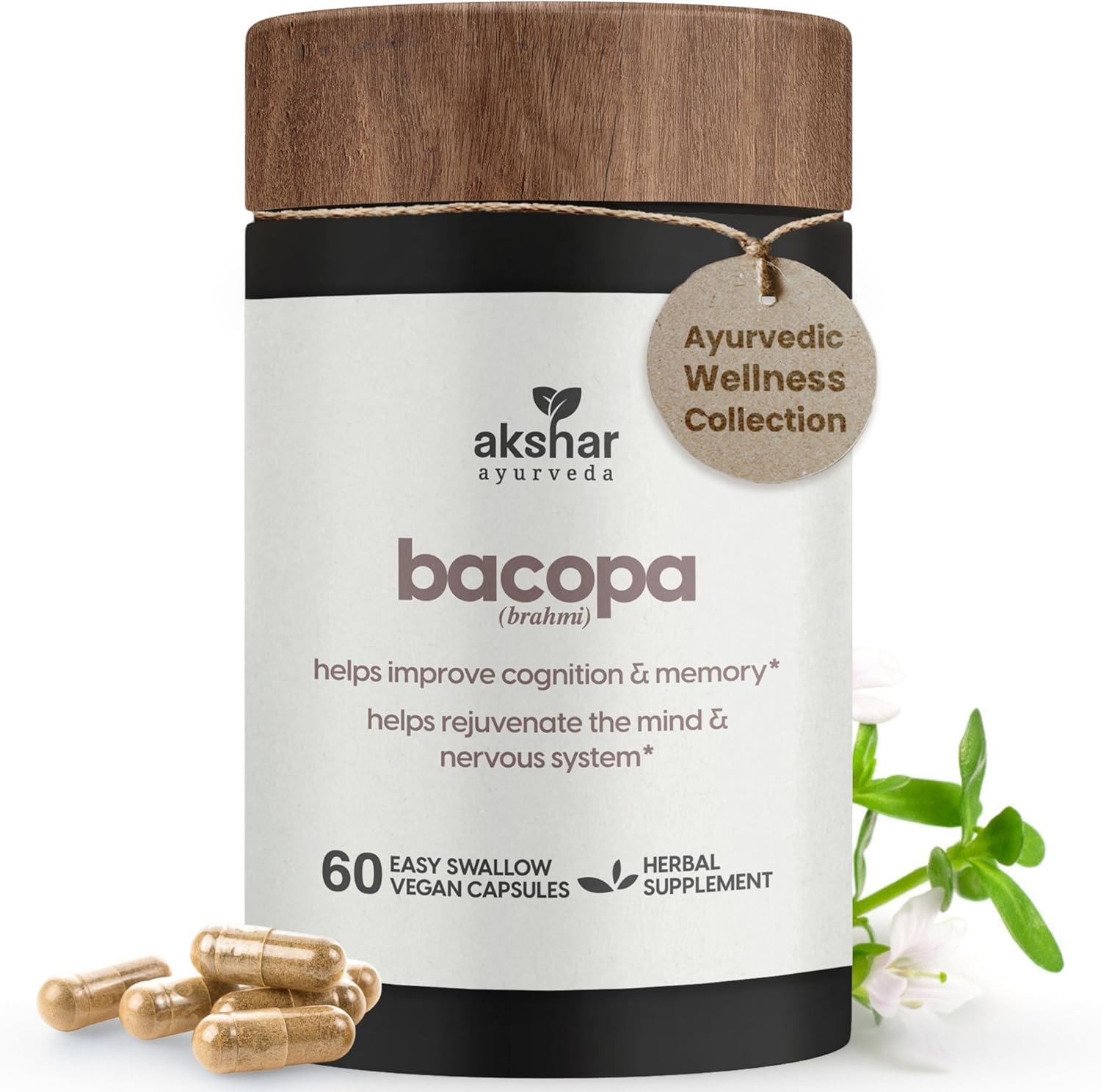 AKSHAR Ayurveda Bacopa 500mg Brahmi supplement front view bottle for natural memory support