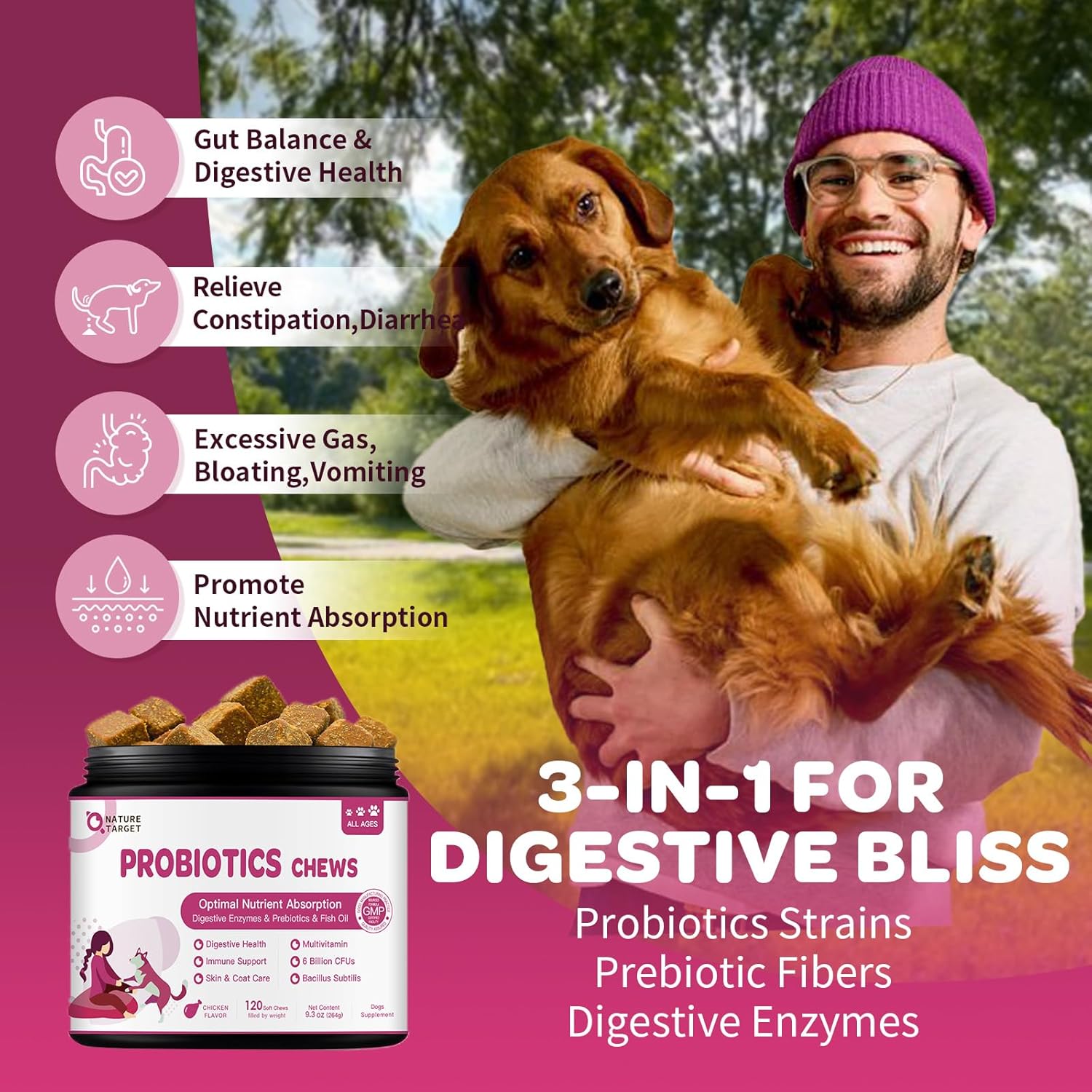 Nature Target dog digestive enzymes chicken flavor chews supplement tub