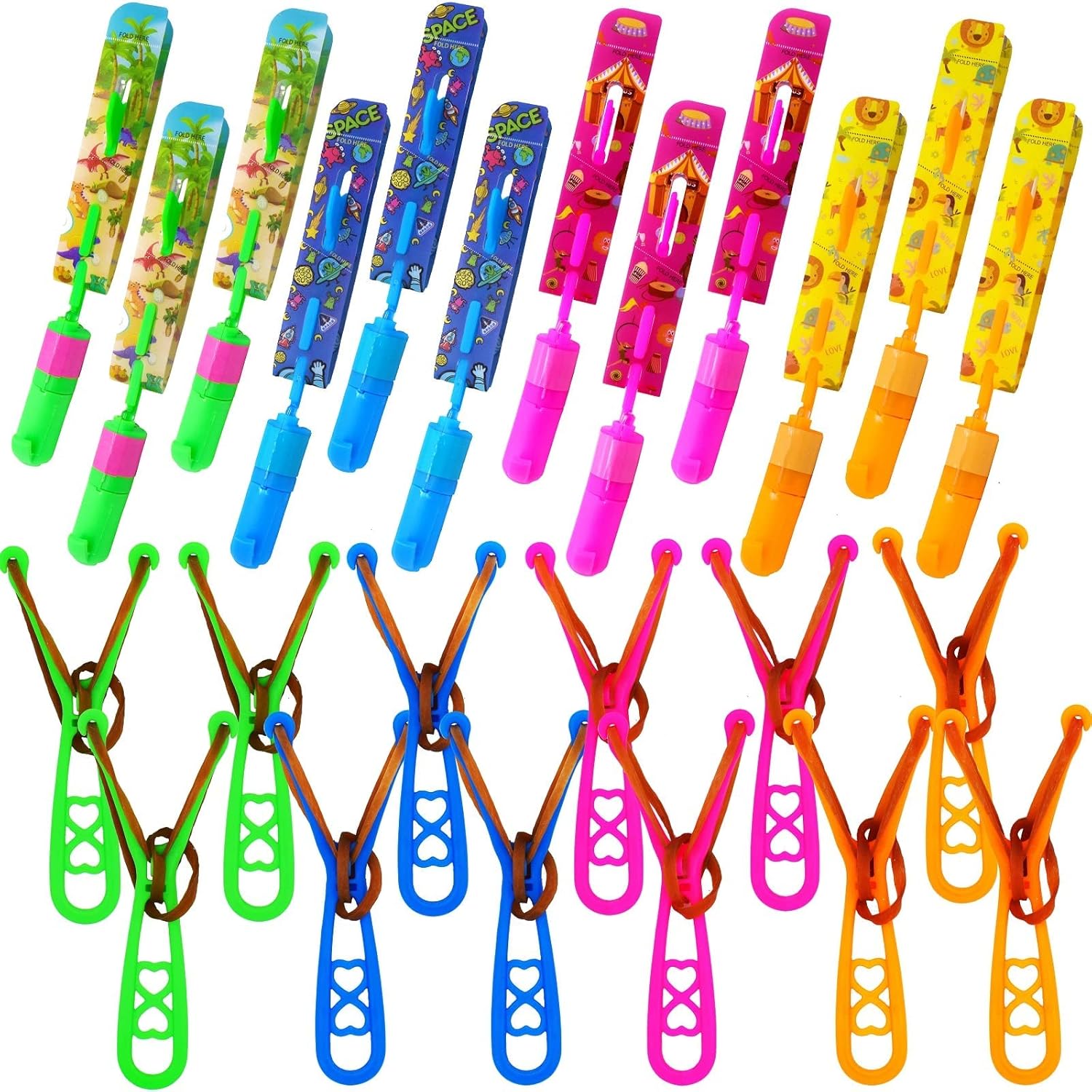 JX Rocket Slingshot flying toy pack showcasing twelve glowing arrow helicopters and launchers on a dark background.