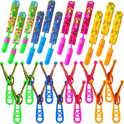 JX Rocket Slingshot flying toy pack showcasing twelve glowing arrow helicopters and launchers on a dark background.