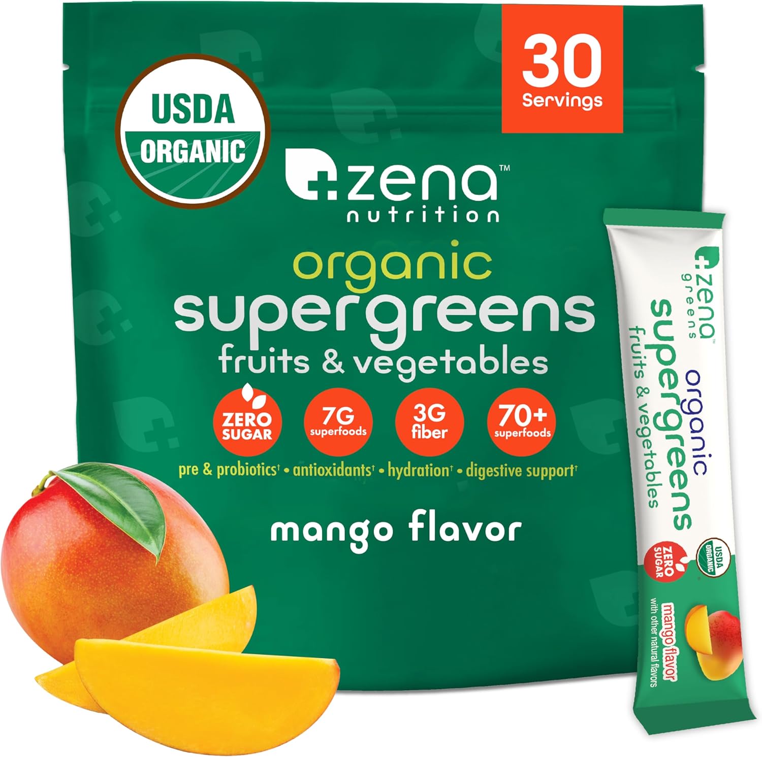 Zena Nutrition Organic Super Greens Powder Mango box front view