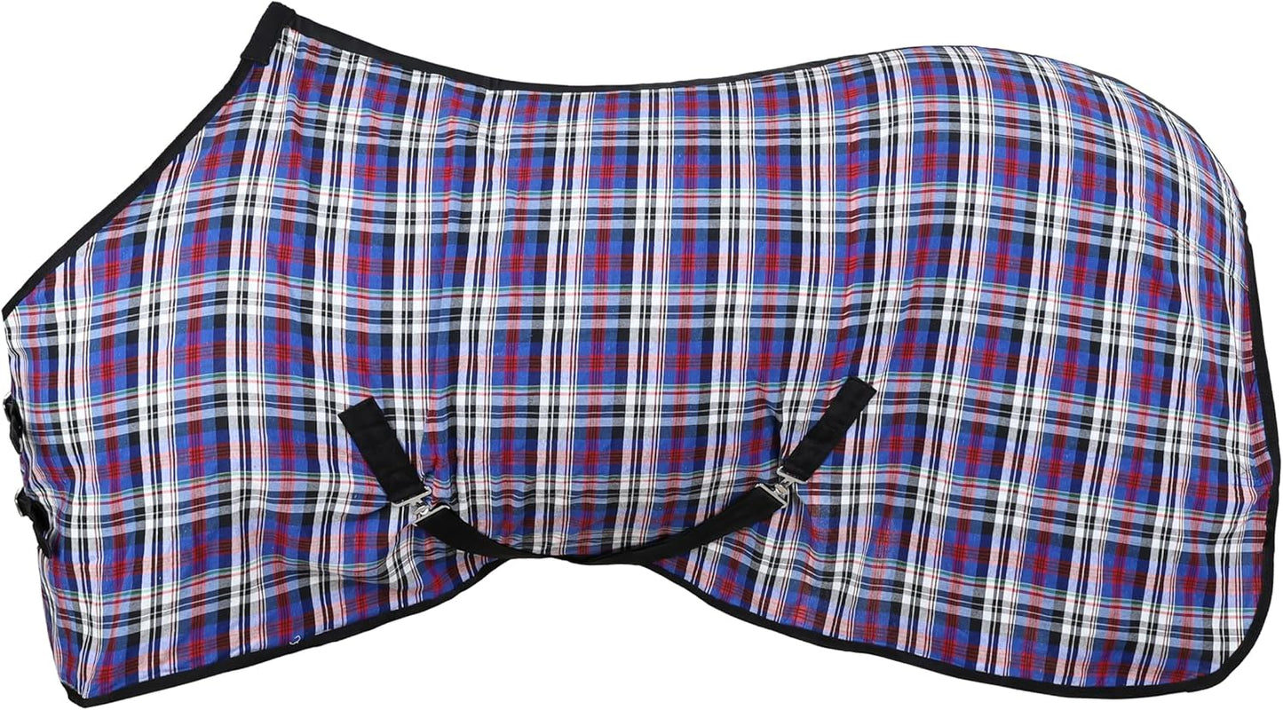 Showman Lightweight Summer Sheet horse blanket front view featuring blue red and white plaid pattern
