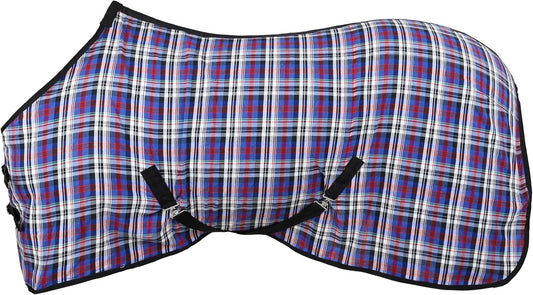 Showman Lightweight Summer Sheet horse blanket front view featuring blue red and white plaid pattern