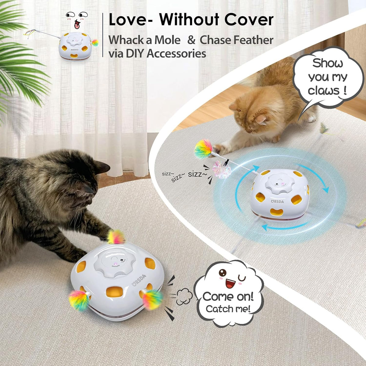 ORSDA smart motion cat toy displaying the replacement feather and mice refills.