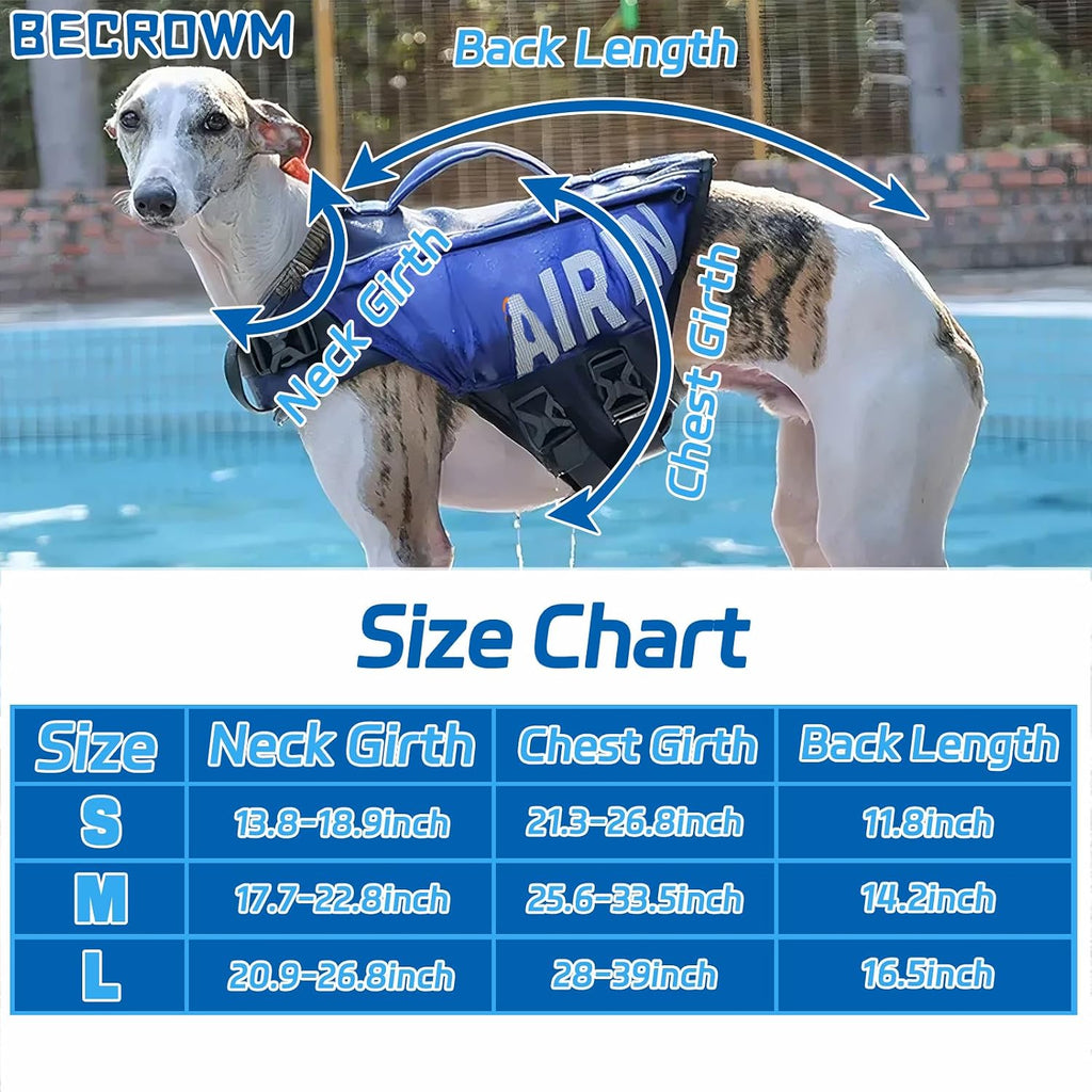Blue ripstop dog flotation jacket showing adjustable belly straps and buckles.