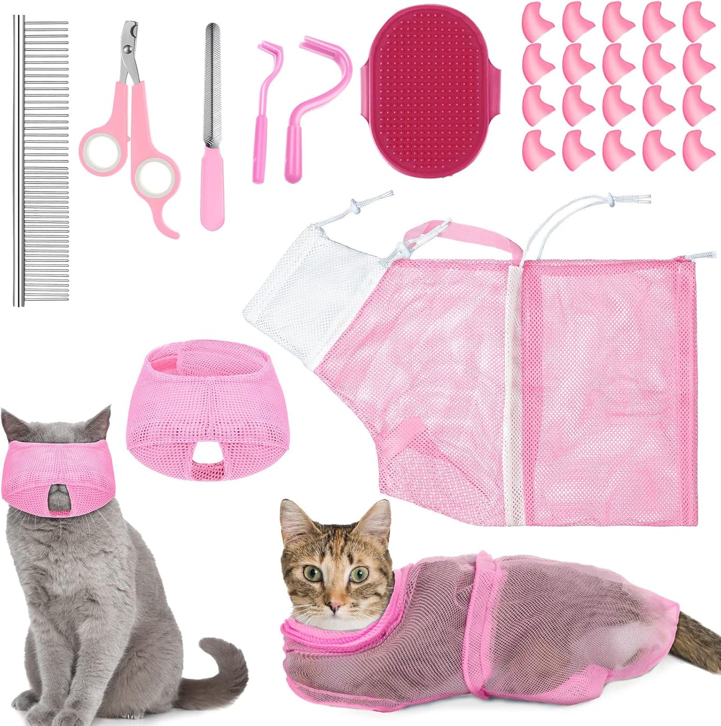 9 Pcs Cat Bathing Bag Set Cat Shower Bag Anti Bite and Scratch for Pet Grooming Washing Brush Comb Muzzle Nail Clipper Nail File Tick Tool(Blue, Gray) - Image 9