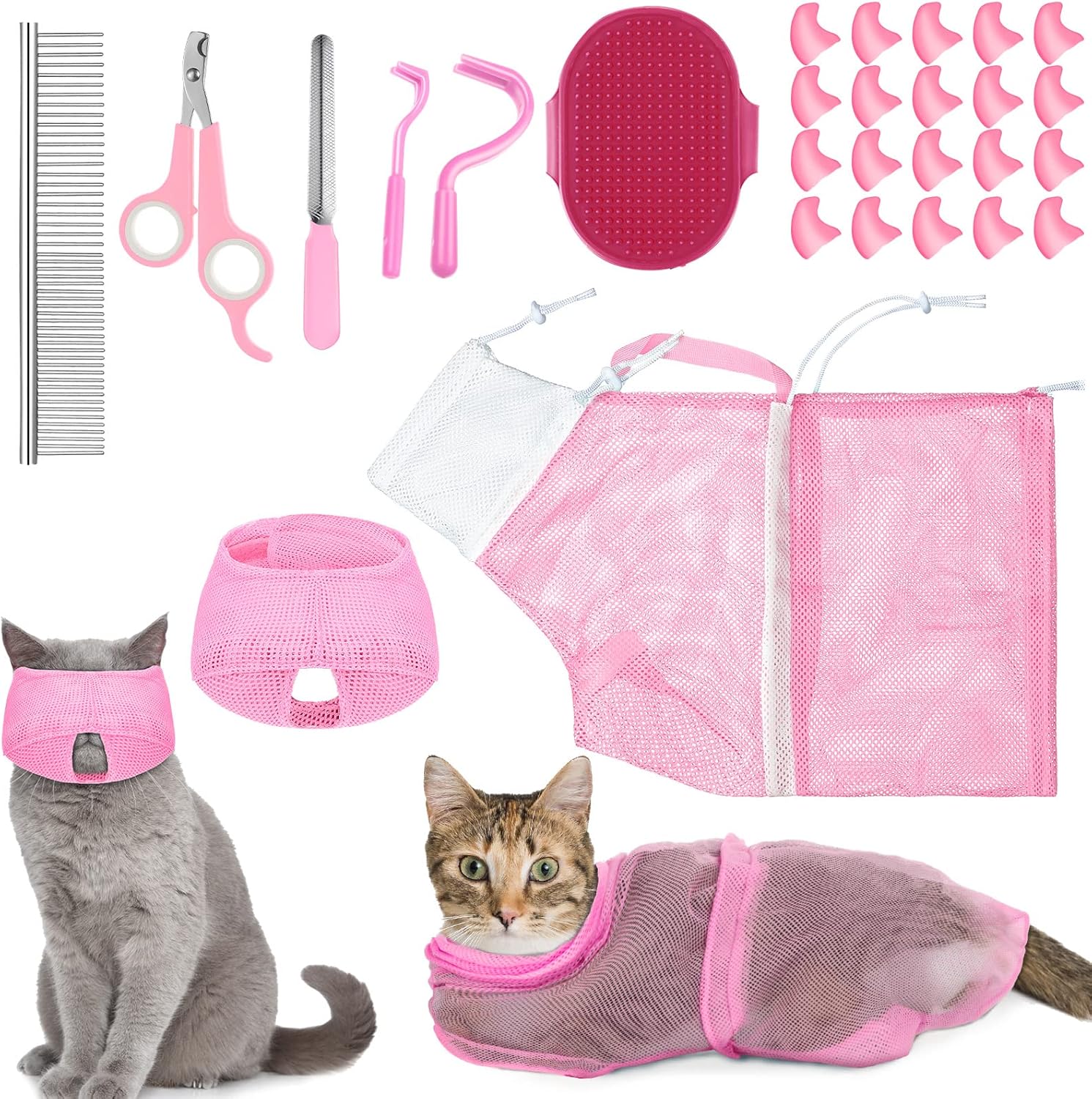 9 Pcs Cat Bathing Bag Set Cat Shower Bag Anti Bite and Scratch for Pet Grooming Washing Brush Comb Muzzle Nail Clipper Nail File Tick Tool(Blue, Gray) - Image 9