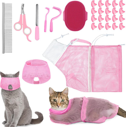 9 Pcs Cat Bathing Bag Set Cat Shower Bag Anti Bite and Scratch for Pet Grooming Washing Brush Comb Muzzle Nail Clipper Nail File Tick Tool(Blue, Gray) - Image 9