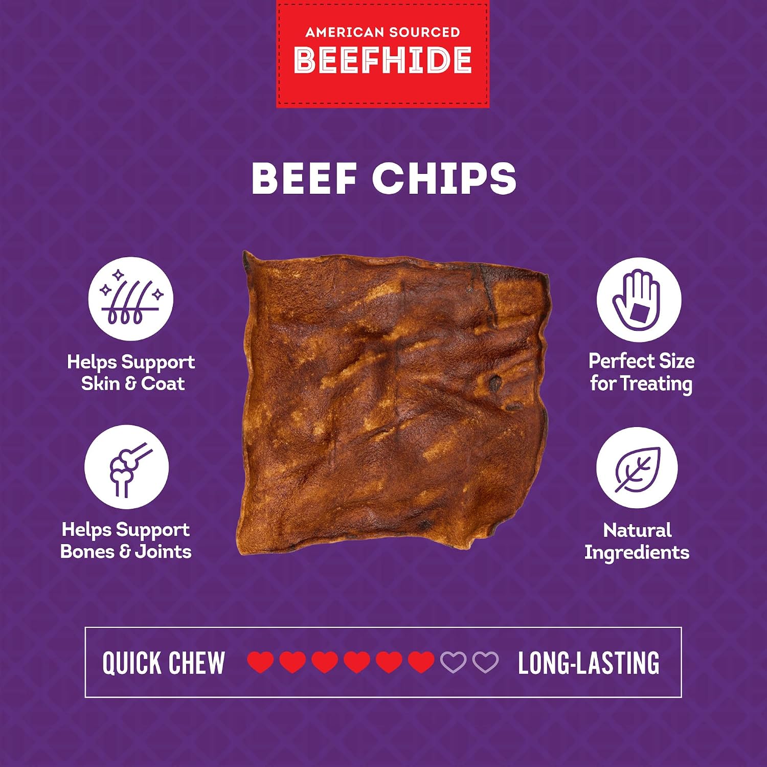 Close up view of the durable texture of beefhide chips for canine dental health.