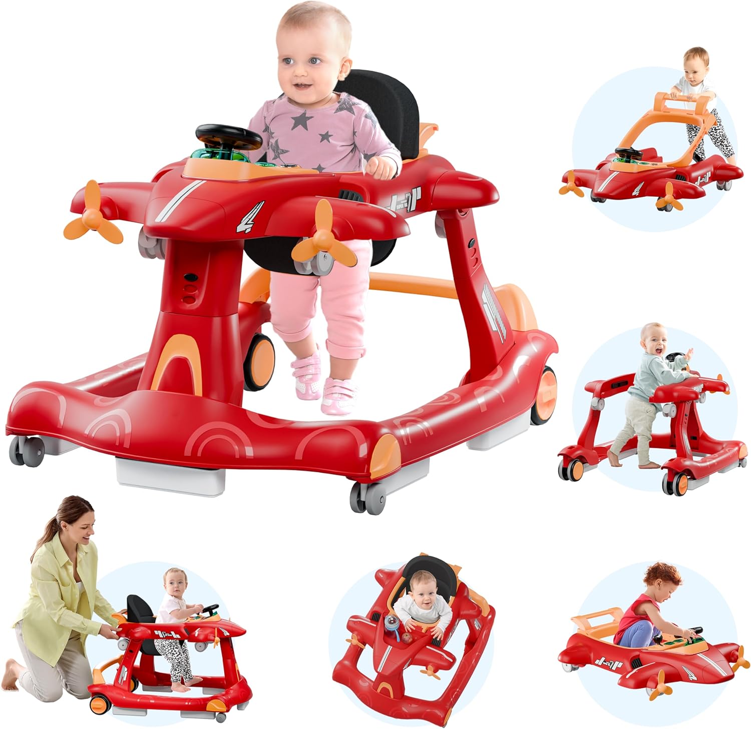 Xilingol 6-in-1 baby walker front view with airplane theme