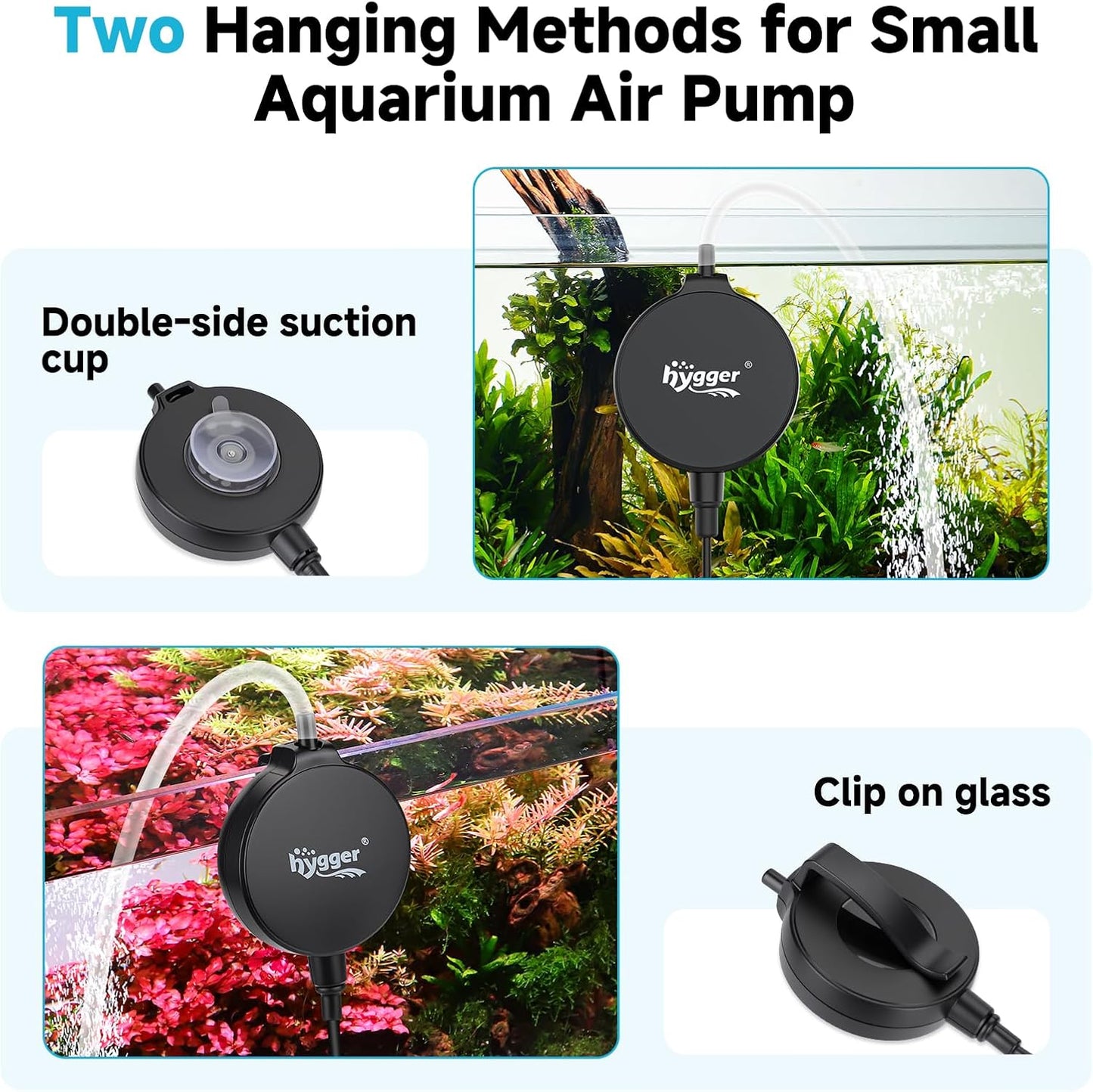 hygger 1.5 Watt Mini Aquarium Air Pump, Quiet Aerator with Air Stone Tubing Suction Cup Clip, Small Fish Tank Bubbler Oxygen Pump for 1 to 15 Gallon Betta Tank, Fish Bowl, Desk Small Tank - Image 3