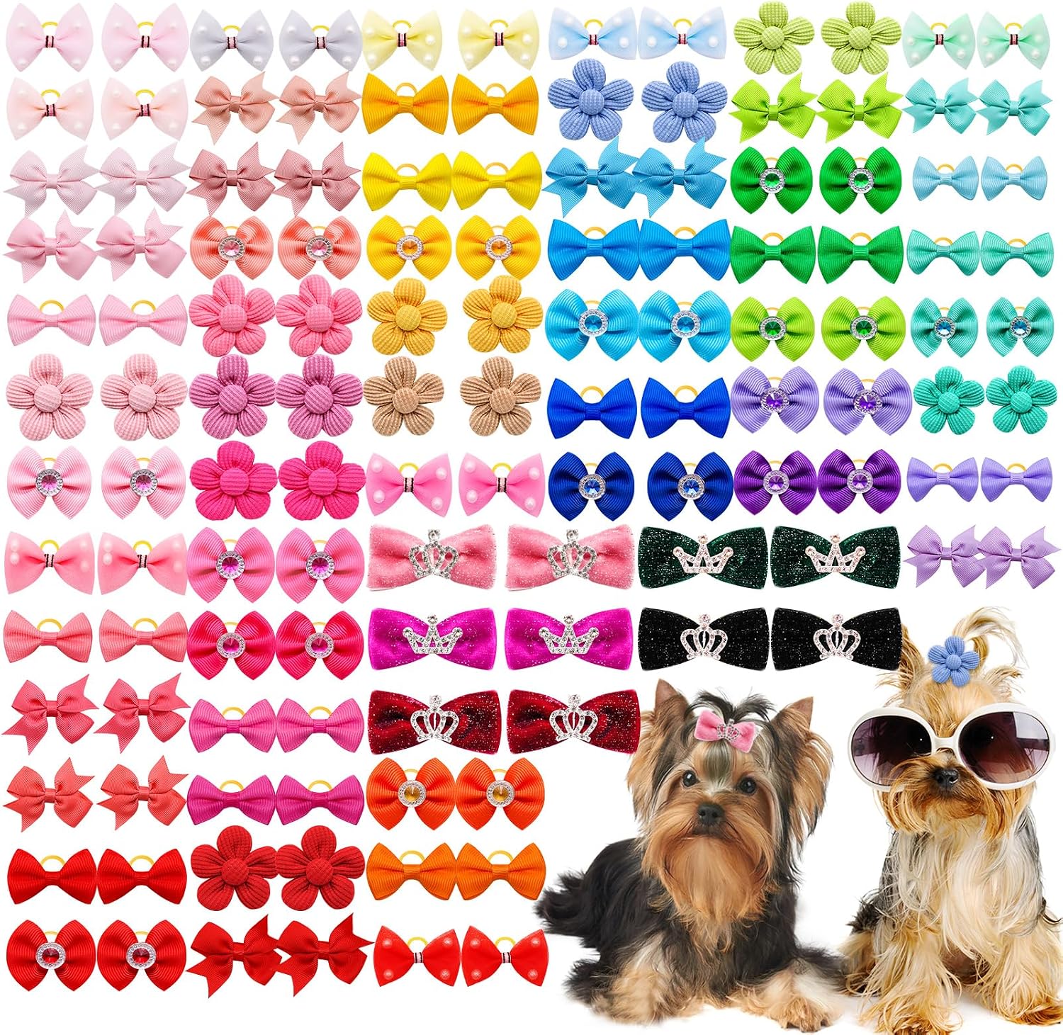 Senniea 100 pieces assorted dog hair bows front view with rhinestone details
