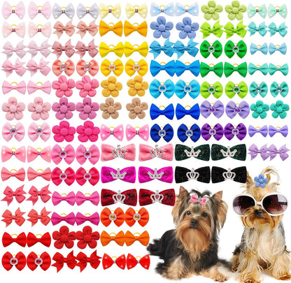 Senniea 100 pieces assorted dog hair bows front view with rhinestone details