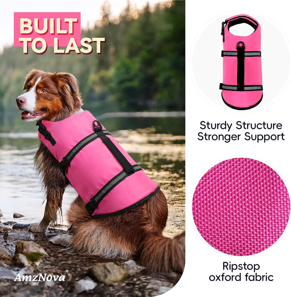 AMZNOVA puppy flotation vest displaying the top rescue handle and heavy duty buckles.