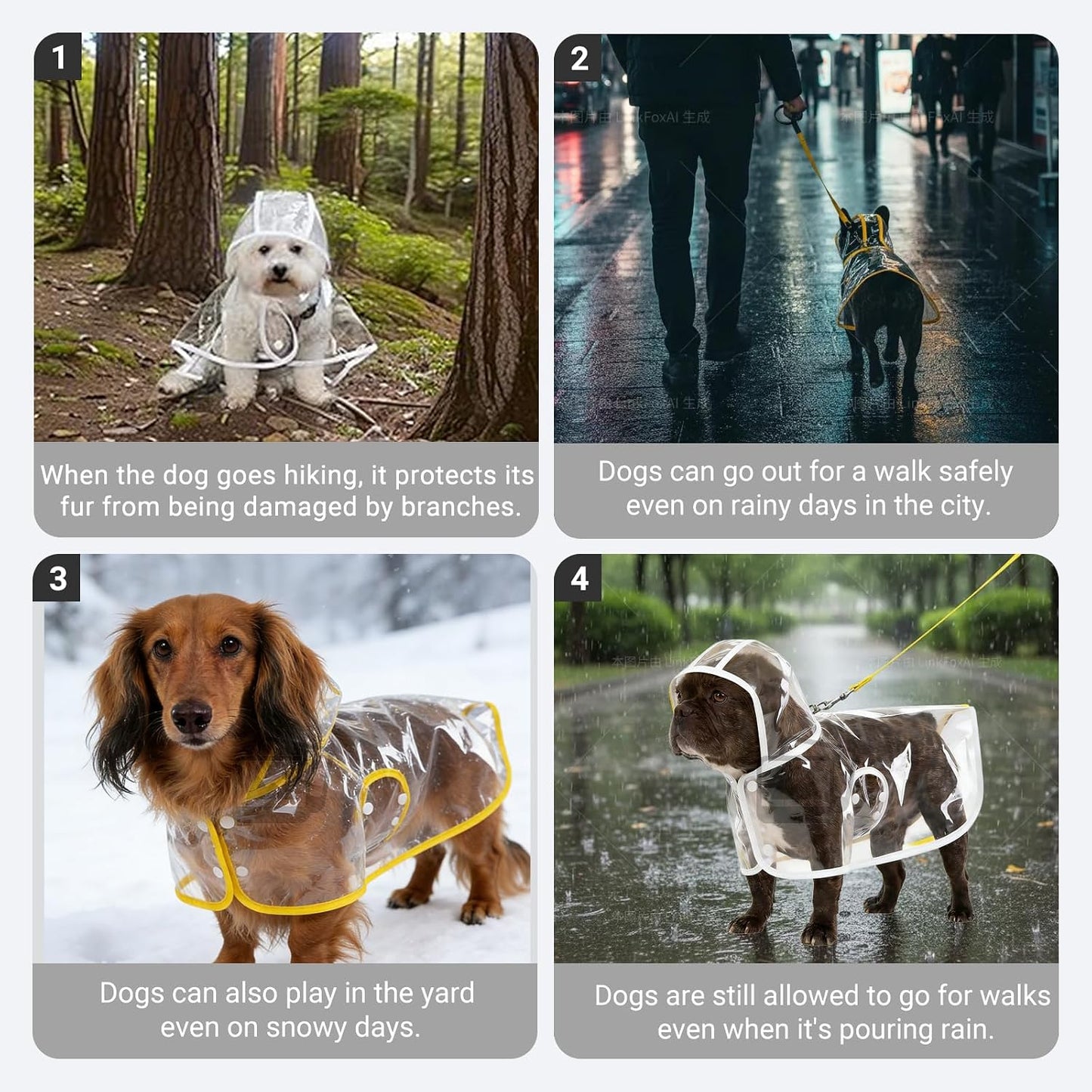 StarSnowe clear dog slicker side view demonstrating unrestricted movement and full body protection