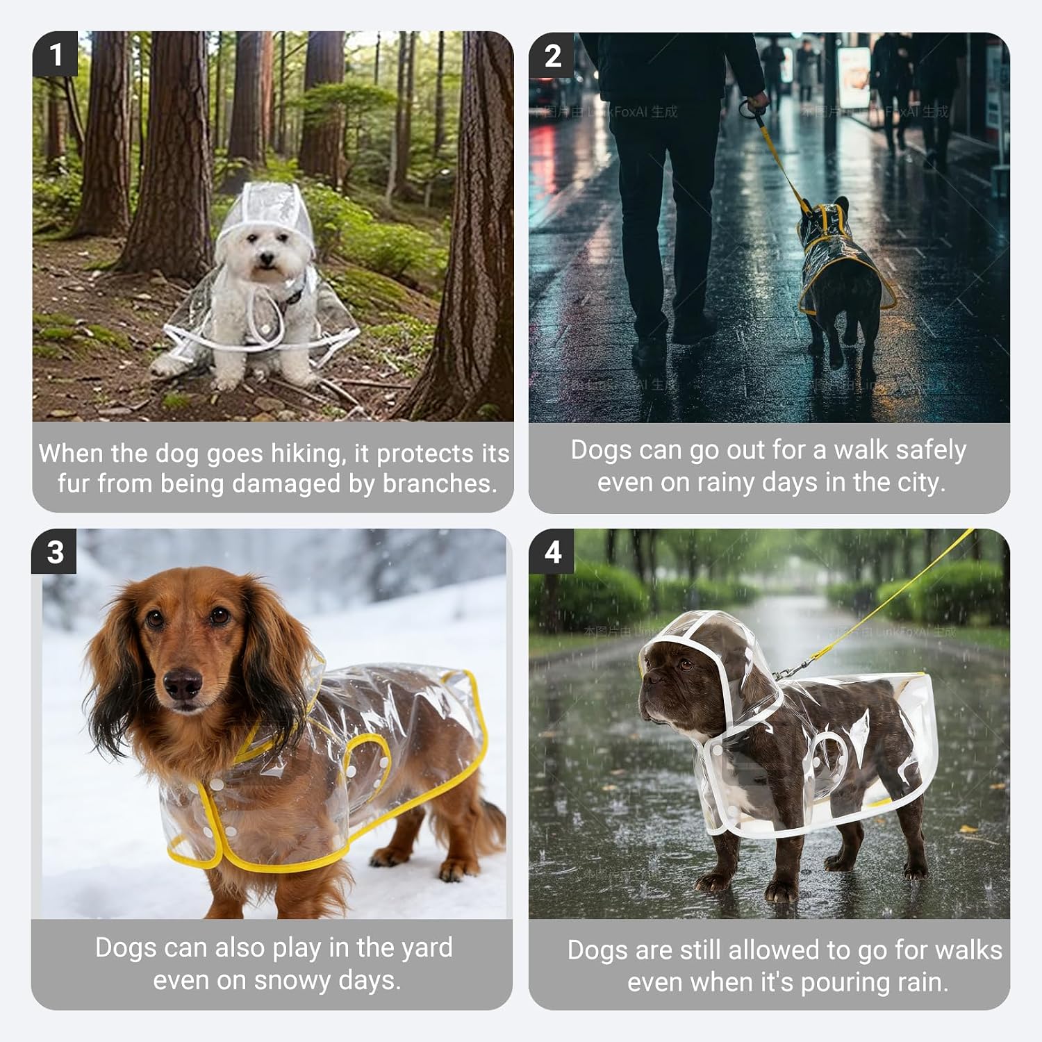 StarSnowe clear dog slicker side view demonstrating unrestricted movement and full body protection