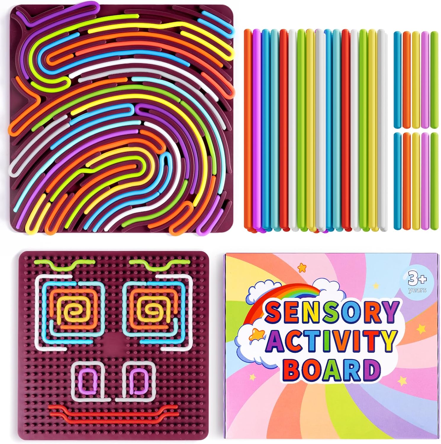 Yisryerow Sensory Activity Board front view showing the square silicone fidget toy with colorful strings woven inside the tracks