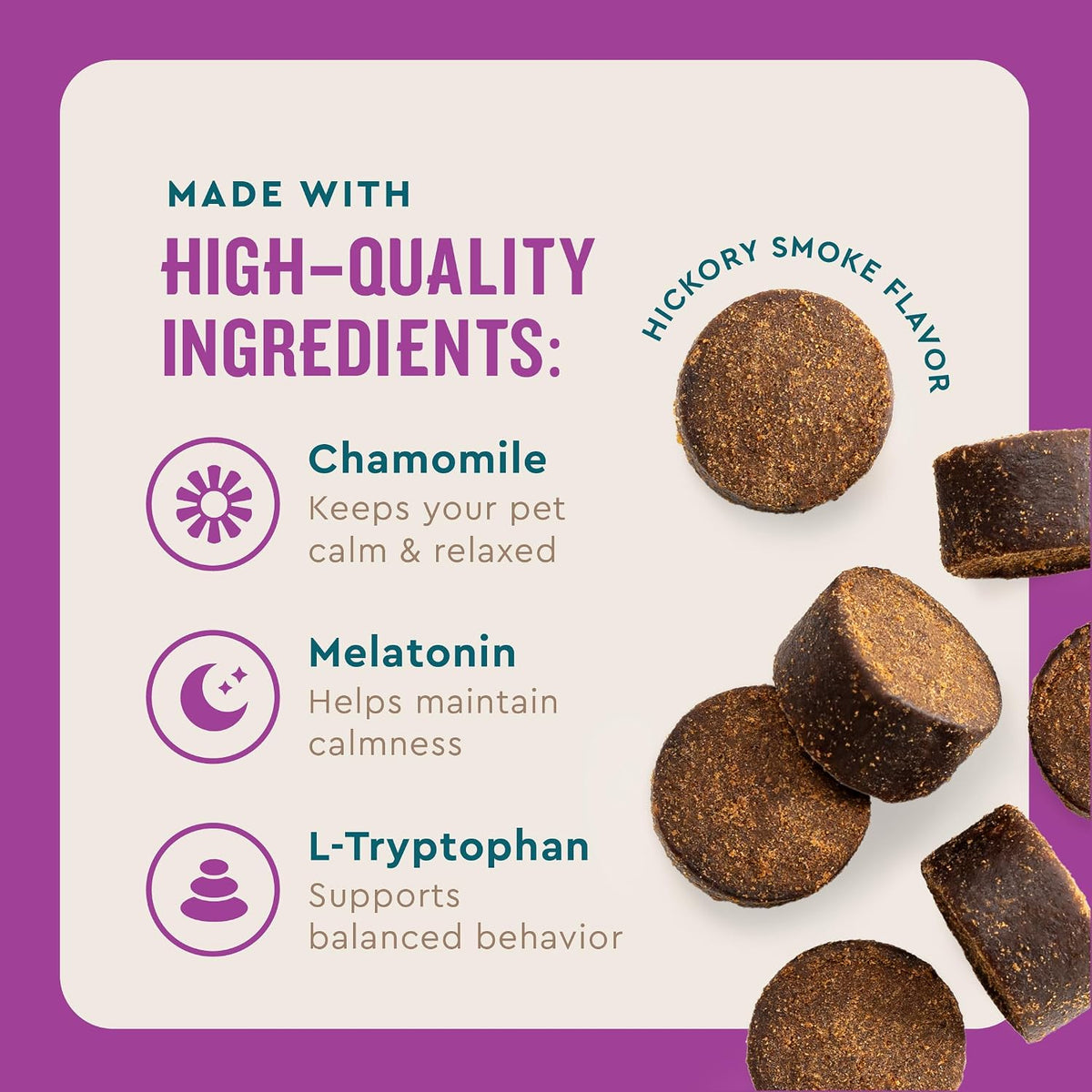 VetIQ pet stress management soft chews active ingredients label panel.