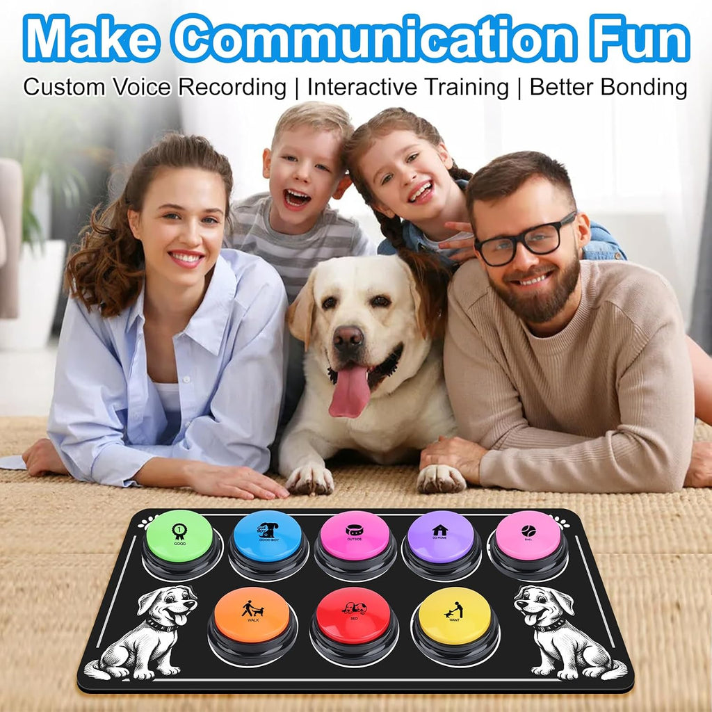 An organized setup of eight color-coded pet training buttons for cognitive animal learning