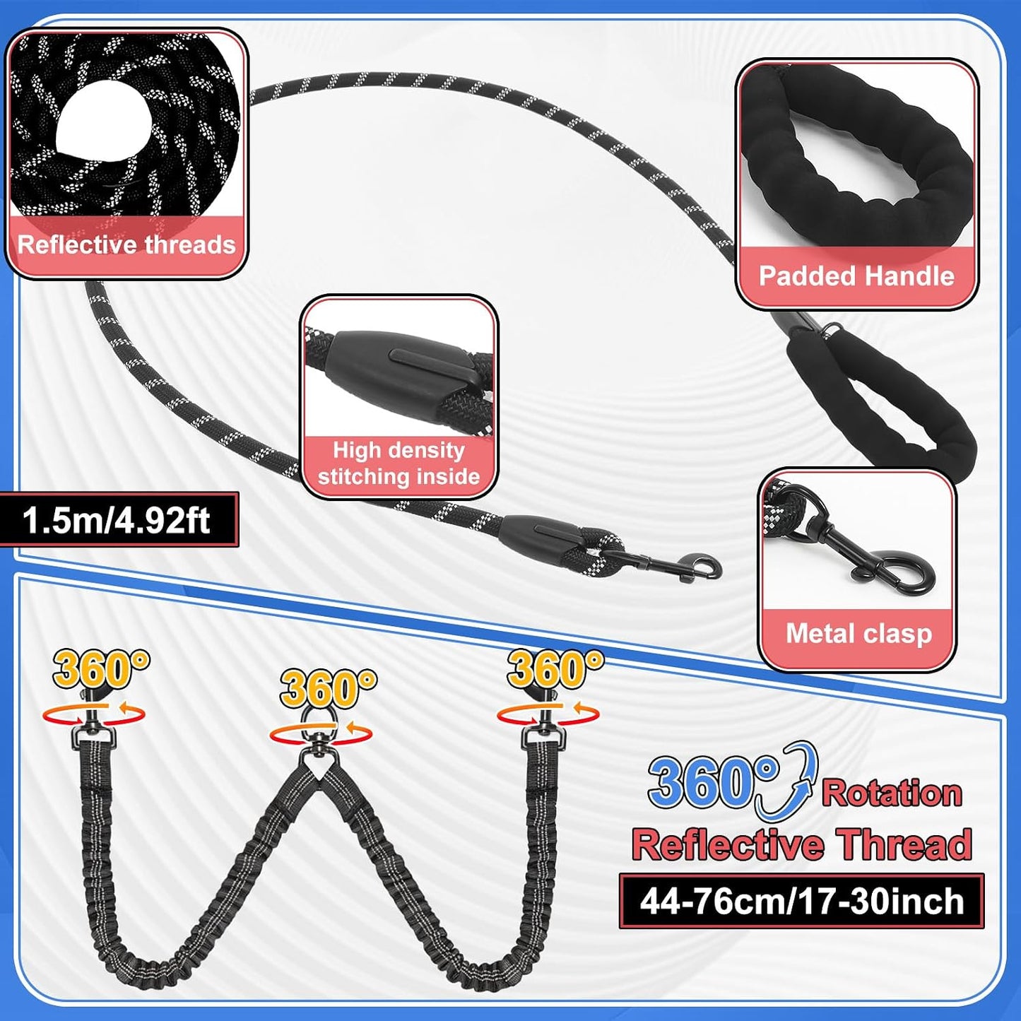Sunnymove double pet walking lead system illustrating the 360 degree swivel tangle free metal coupler close up.