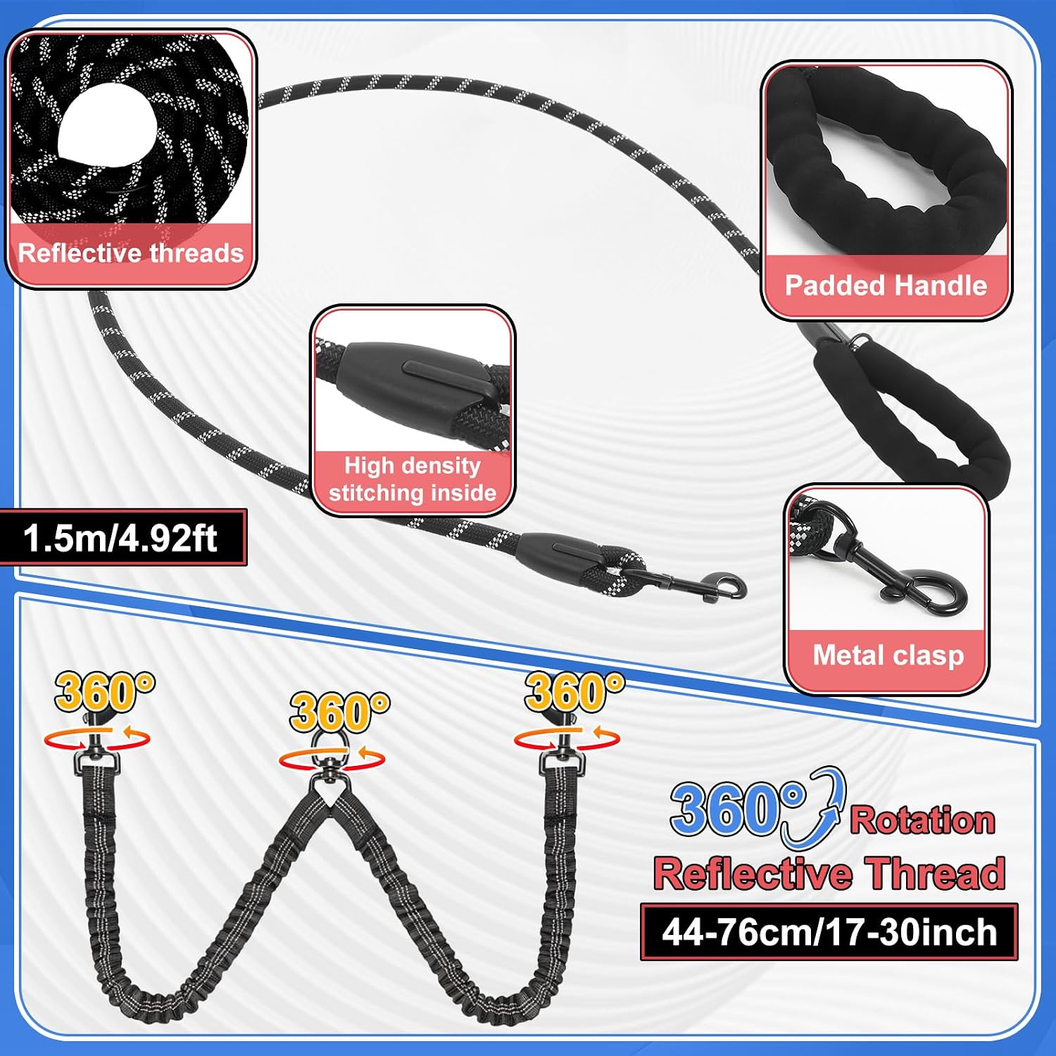 Sunnymove double pet walking lead system illustrating the 360 degree swivel tangle free metal coupler close up.