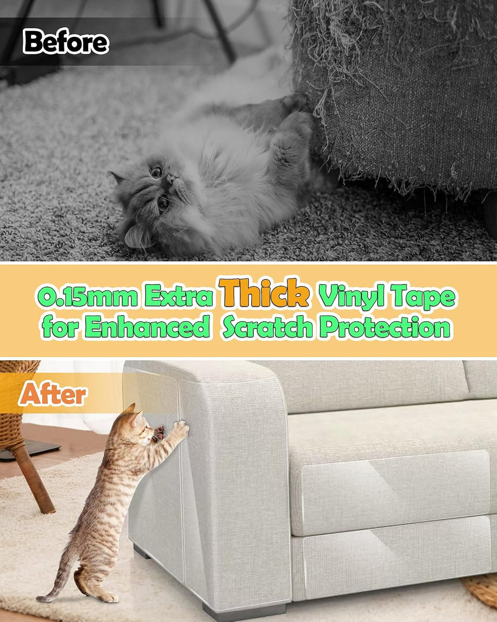 Clear plastic sofa guard for pets installed on couch armrest