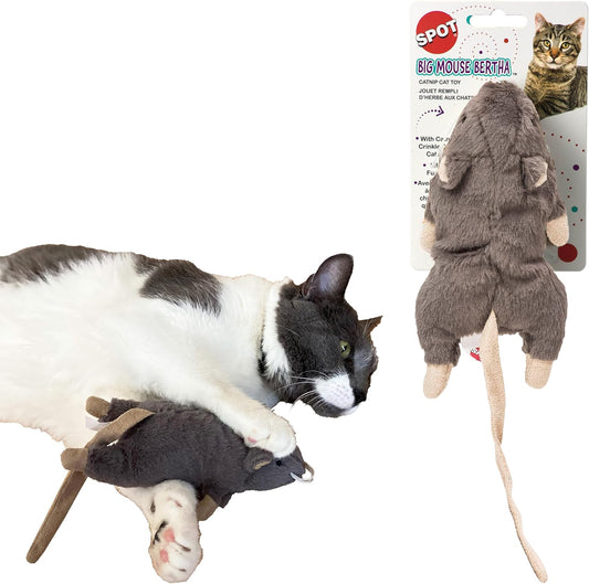 SPOT Big Mouse Bertha Cat Toy front view showing grey plush design