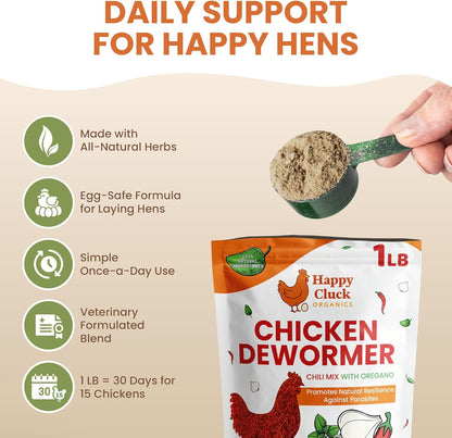 Herbal poultry wormer powder bag highlighting egg safe daily use