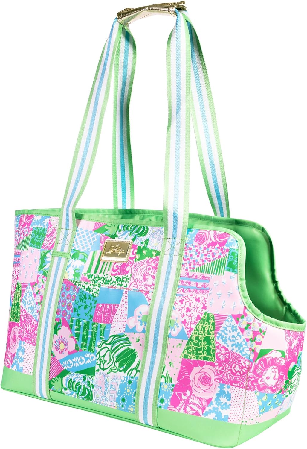 Lilly Pulitzer Small Pet Carrier with Removable Padded Insert, Shoulder Straps, 60 lb Capacity, Open-Top with Gold Buckle Closure & Safety Clip, and Exterior Pocket (Crazy Quilt Home) - Image 1