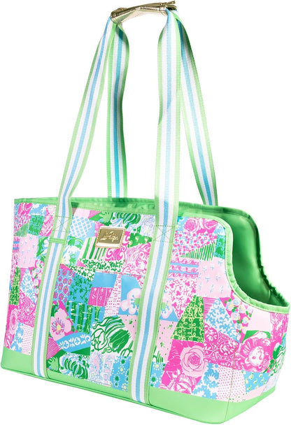 Lilly Pulitzer Small Pet Carrier with Removable Padded Insert, Shoulder Straps, 60 lb Capacity, Open-Top with Gold Buckle Closure & Safety Clip, and Exterior Pocket (Crazy Quilt Home) - Image 1