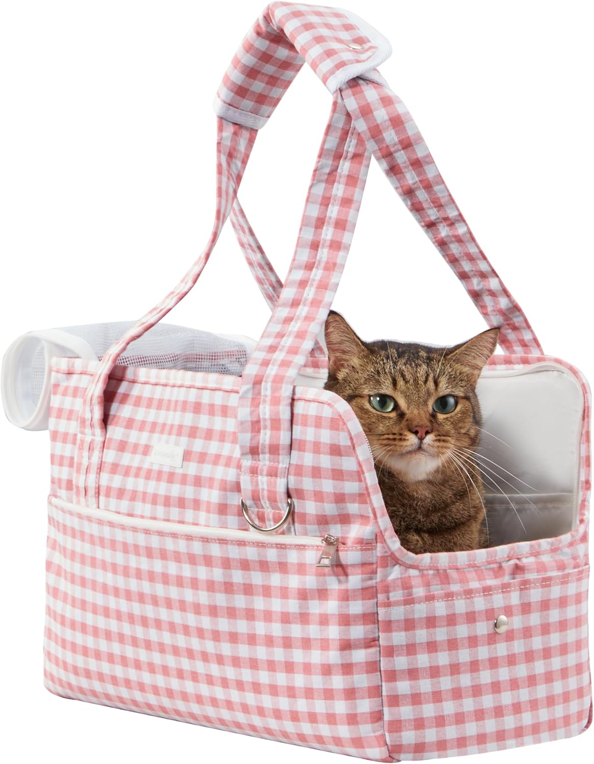 Machamie luxury pet carrier front view with red plaid pattern