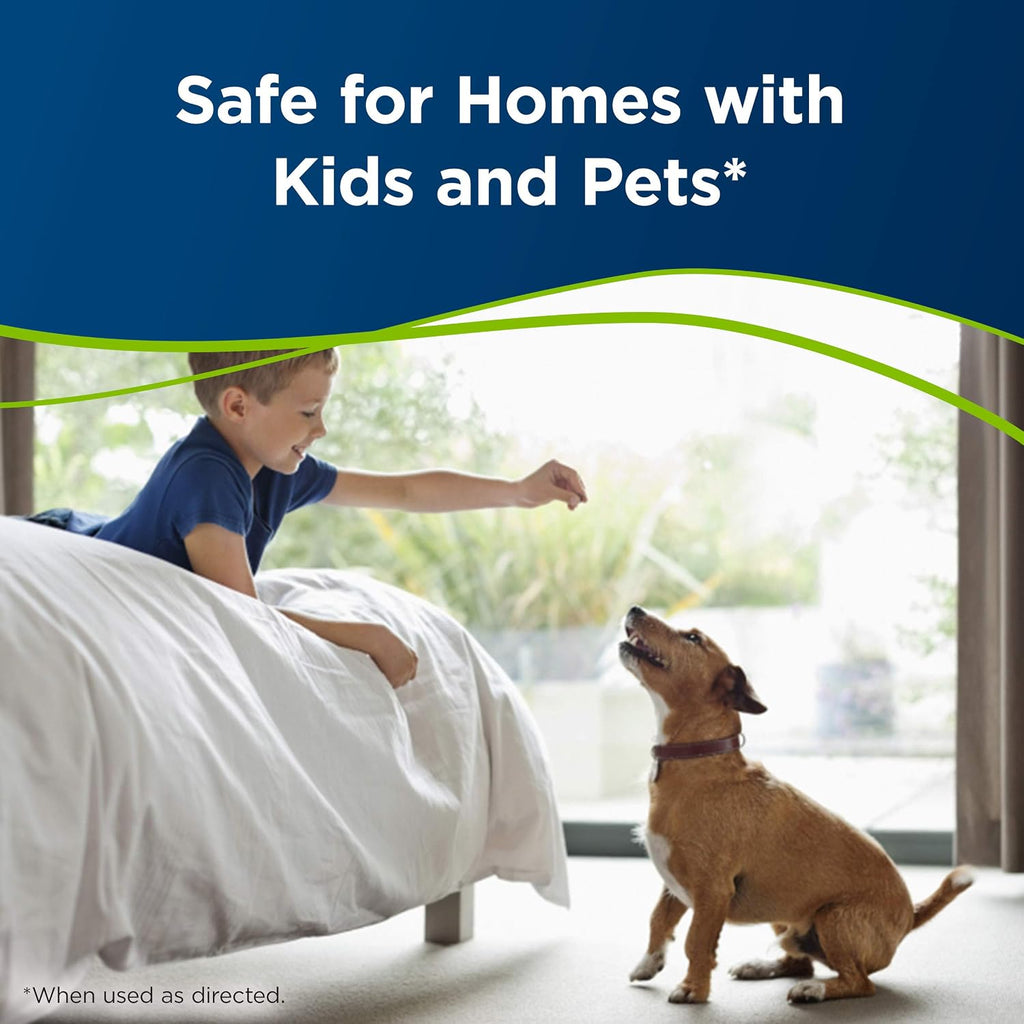 Bissell liquid cleaning formula bottle highlighting safe use around pets and children.