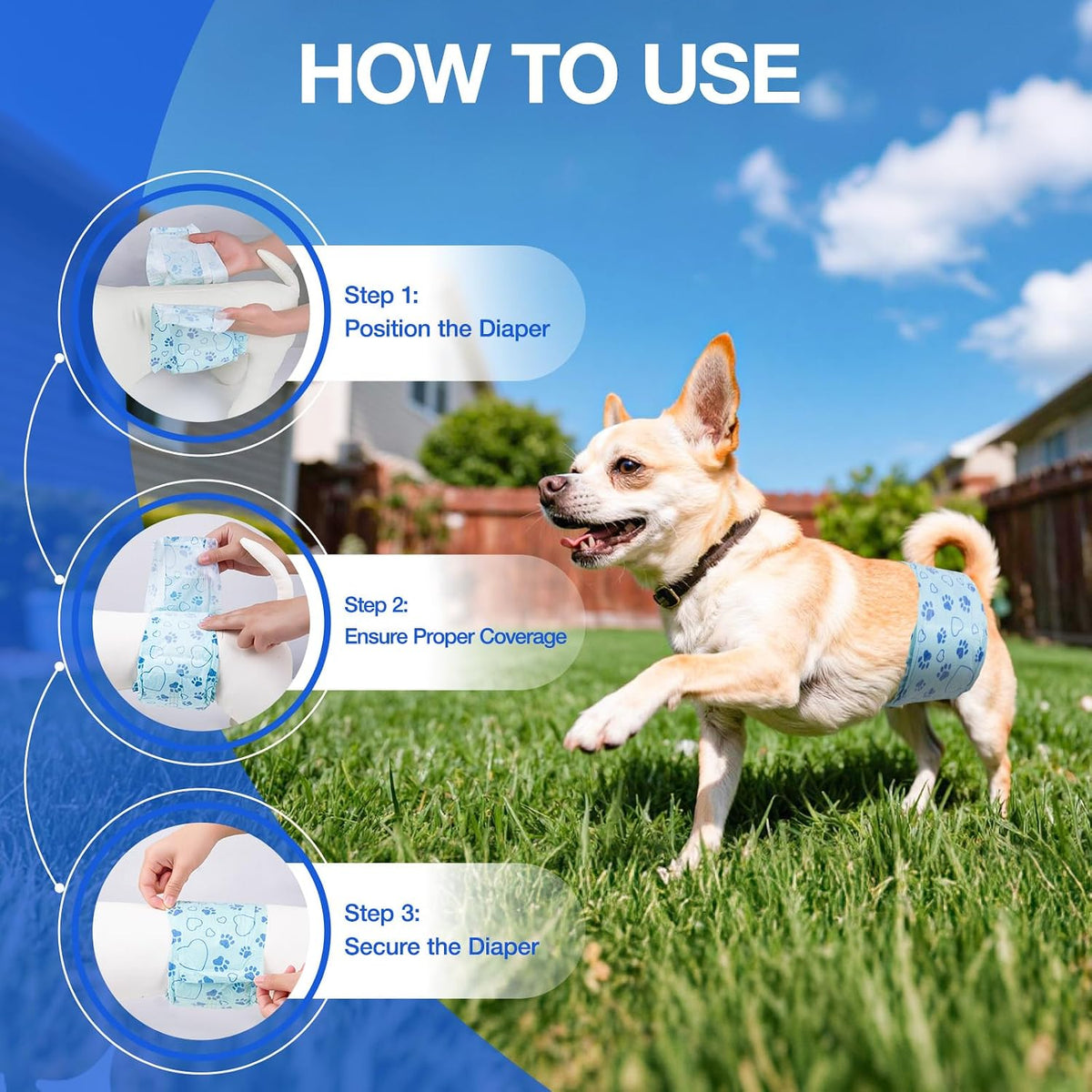 The blue heart and paw print pattern on the outer breathable fabric of the disposable pet diaper.