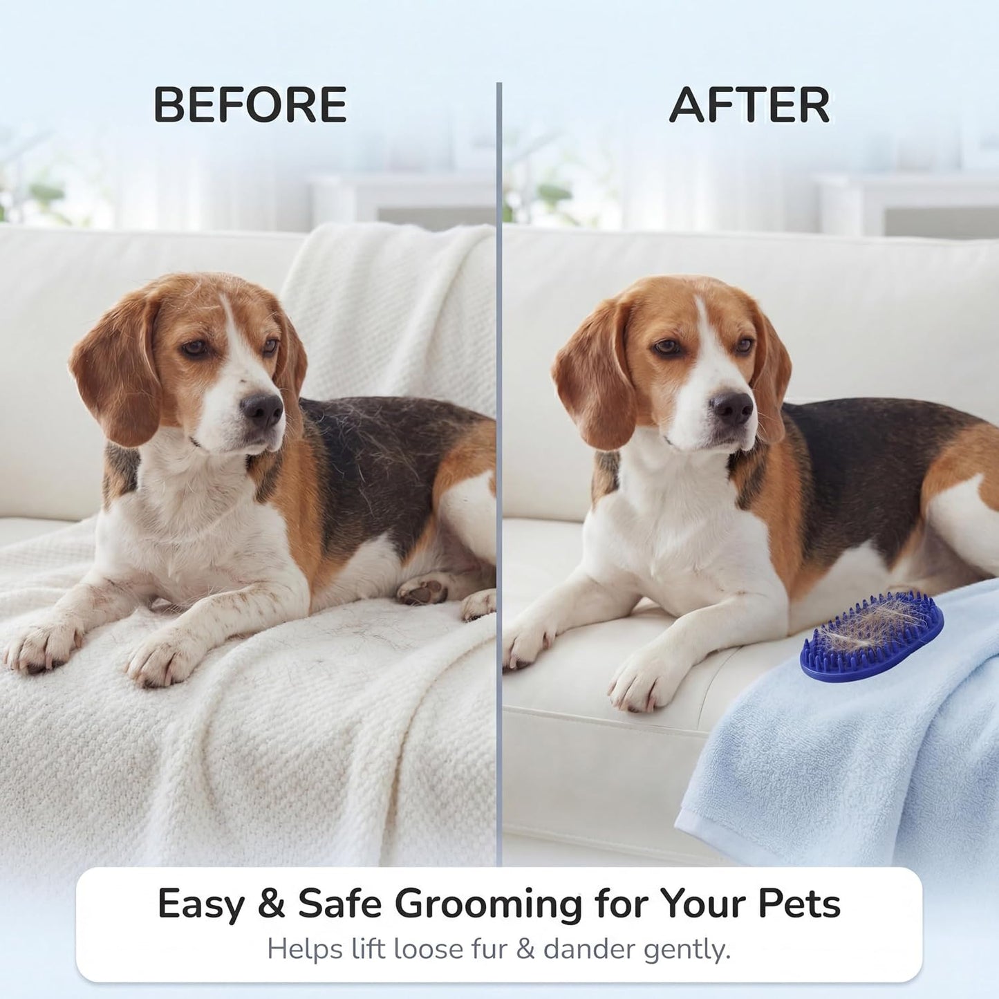 Close-up of the flexible rubber nubs on the pet deshedding brush for sensitive skin.