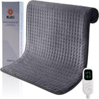 Kdti King Size Electric Heating Pad front view showing grey plush flannel fabric and digital remote control.