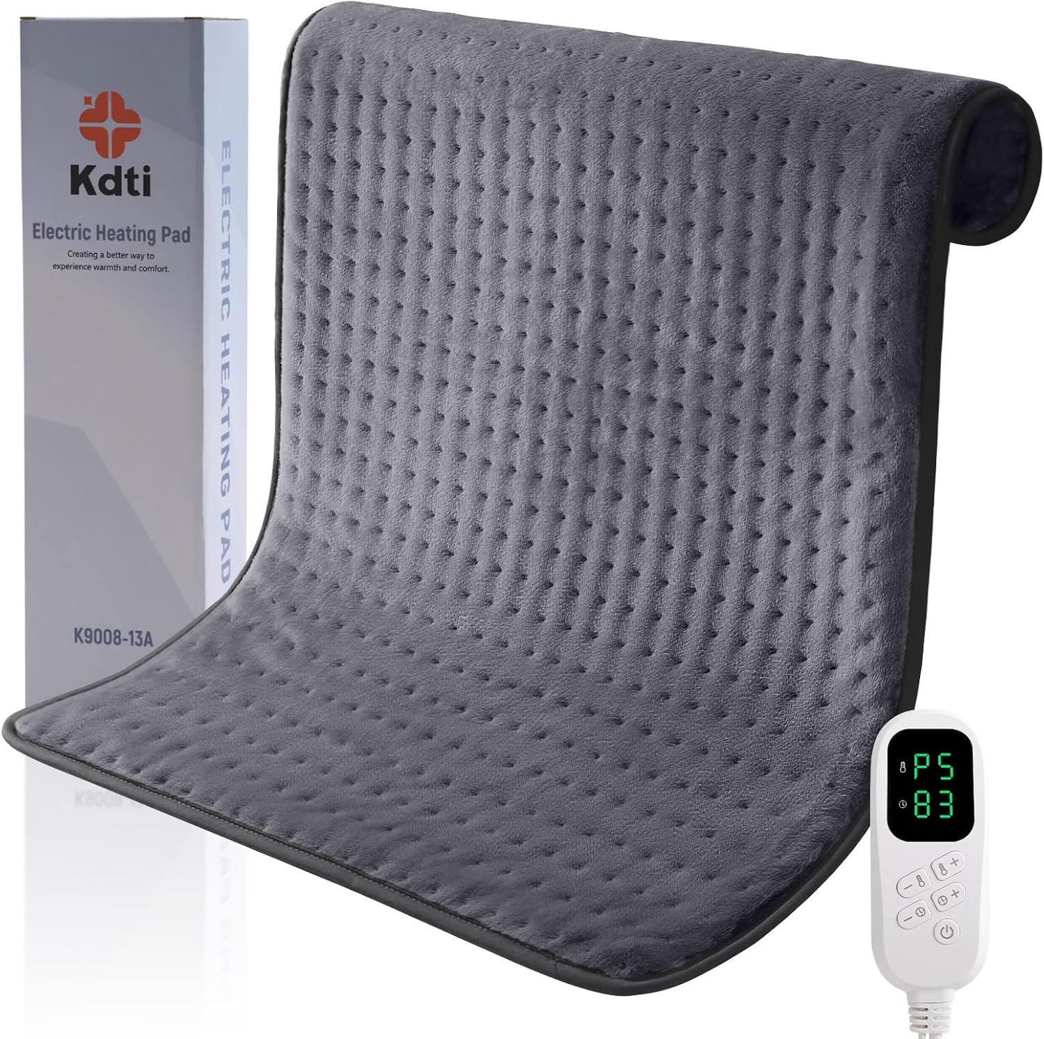 Kdti King Size Electric Heating Pad front view showing grey plush flannel fabric and digital remote control.