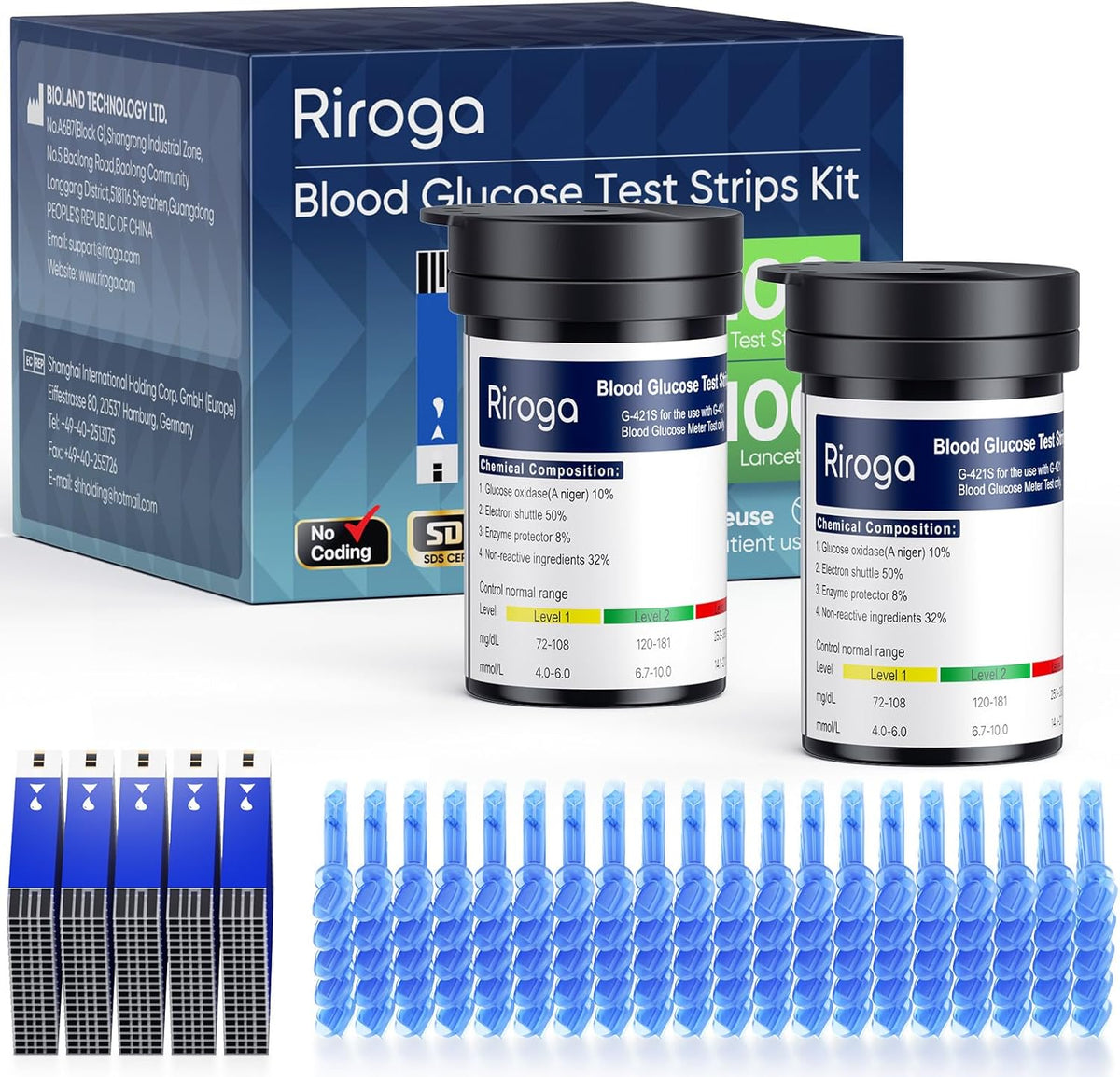 Riroga Blood Glucose Test Strips front packaging view showing one hundred count