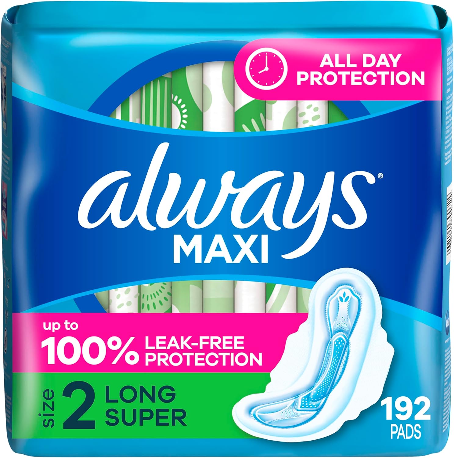 Always Maxi Feminine Pads Size 2 Long Super front packaging view showing 192 count.