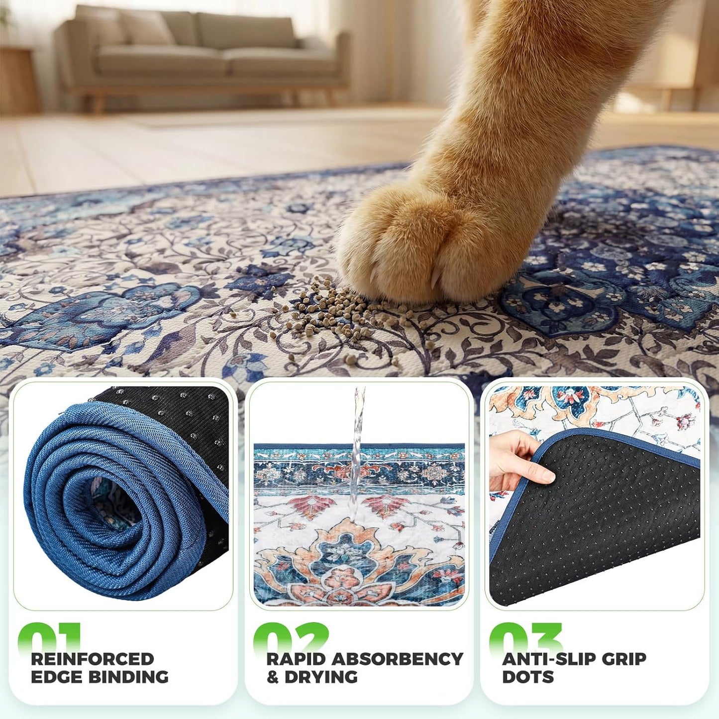 Close up view of the non slip rubber base on the Hompet cat litter mat