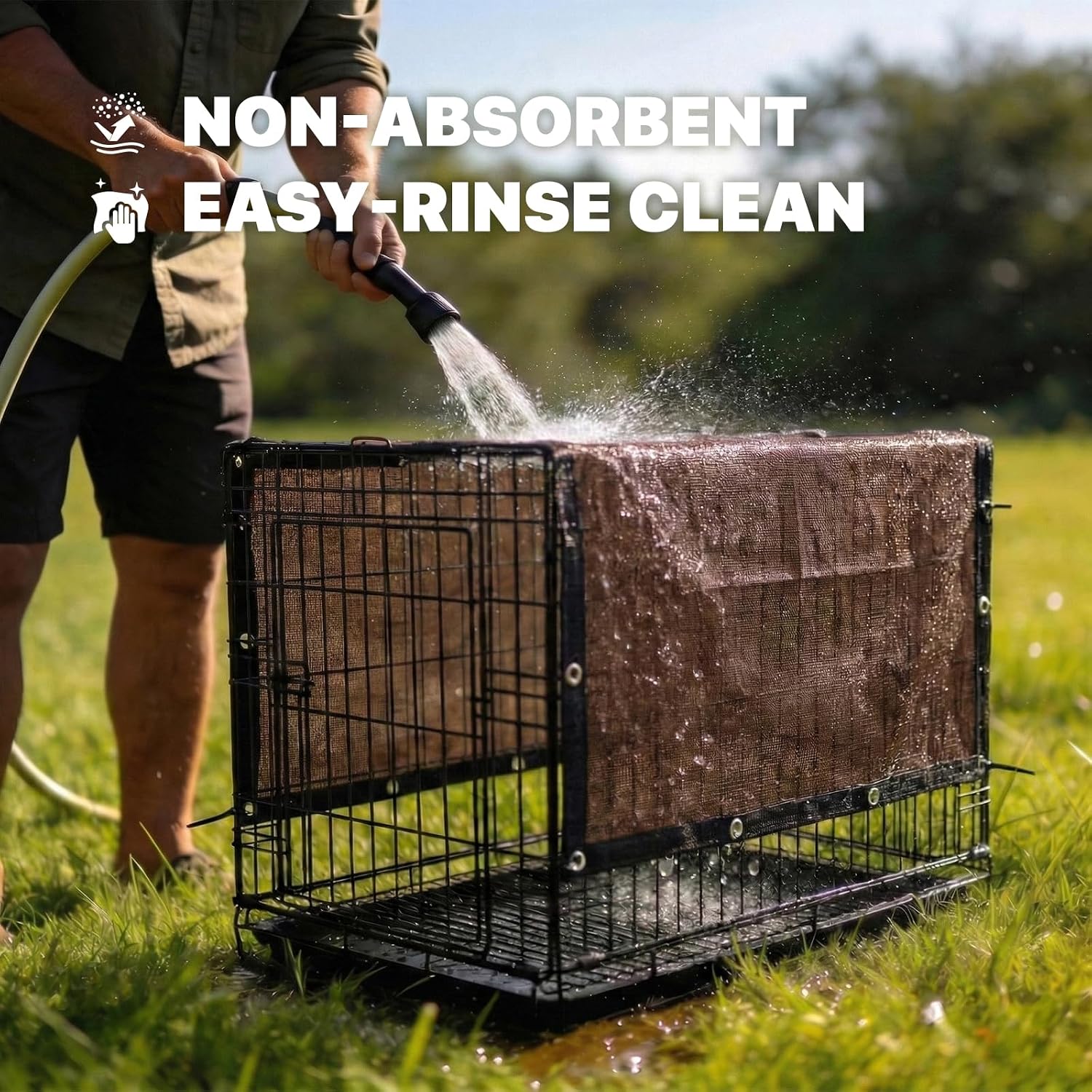 Heavy-duty crate canopy fabric reducing heat and providing shade for outdoor animals.