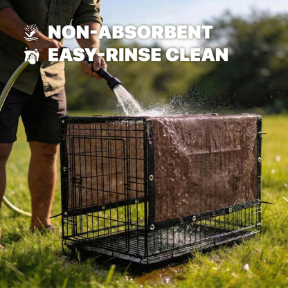 Heavy-duty crate canopy fabric reducing heat and providing shade for outdoor animals.