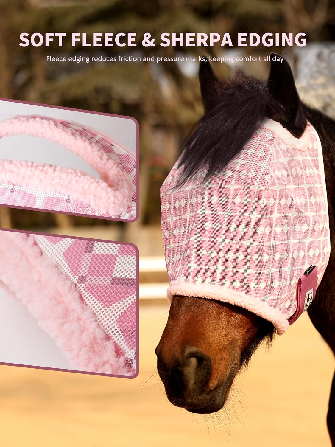 Tackmore horse fly mask showing adjustable hook and loop strap