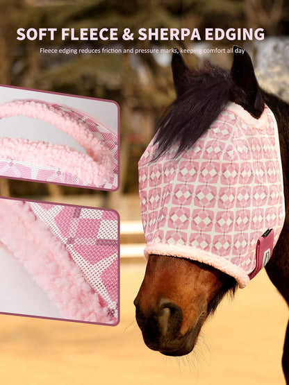 Tackmore horse fly mask showing adjustable hook and loop strap