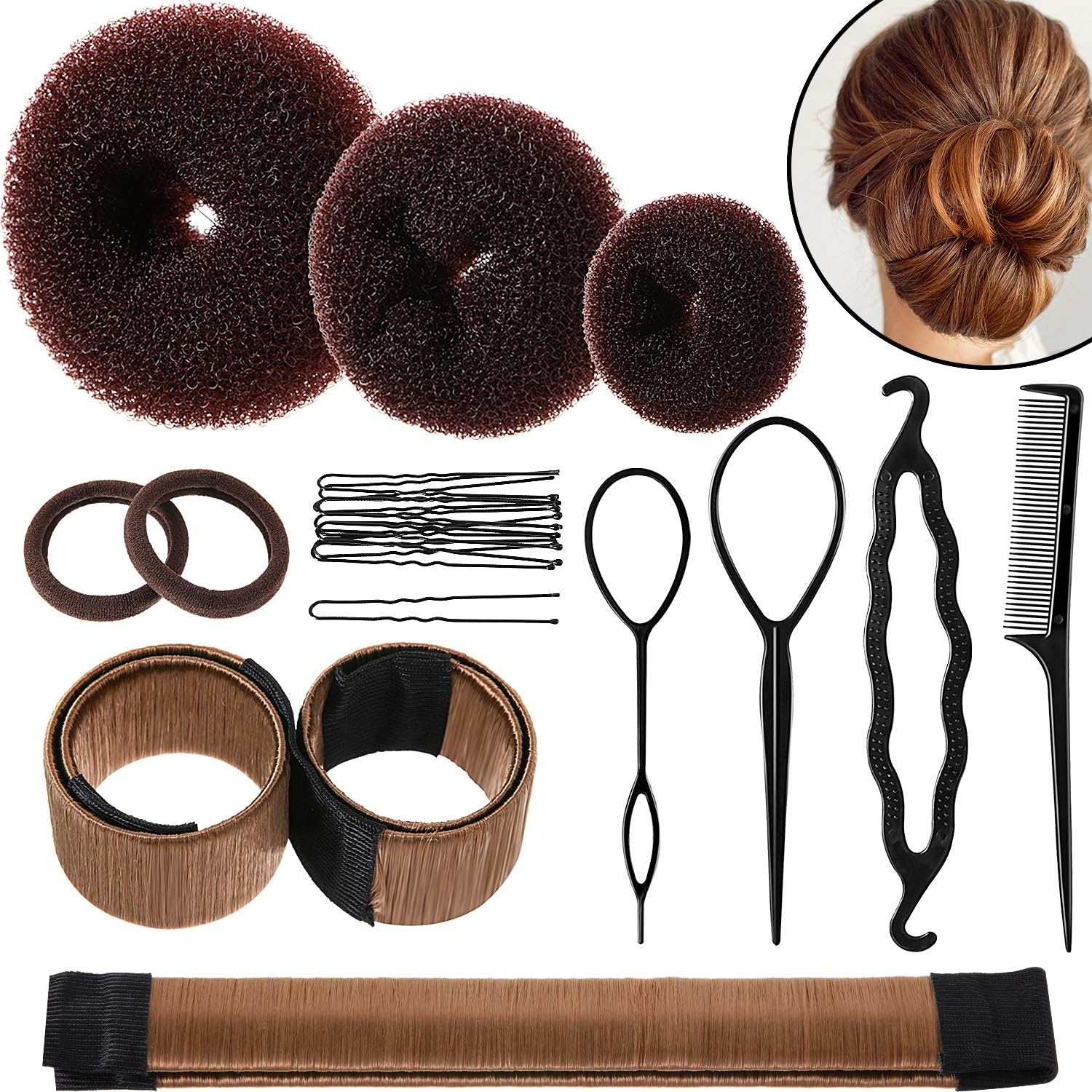 WILLBOND Hair Bun Shaper Set front view showing three brown mesh donuts and two snap bun makers