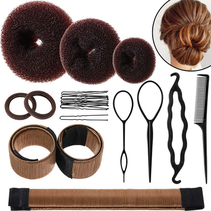 WILLBOND Hair Bun Shaper Set front view showing three brown mesh donuts and two snap bun makers