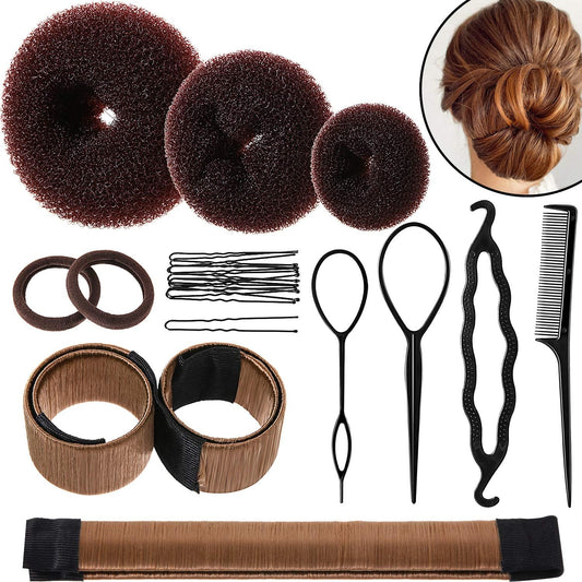 WILLBOND Hair Bun Shaper Set front view showing three brown mesh donuts and two snap bun makers