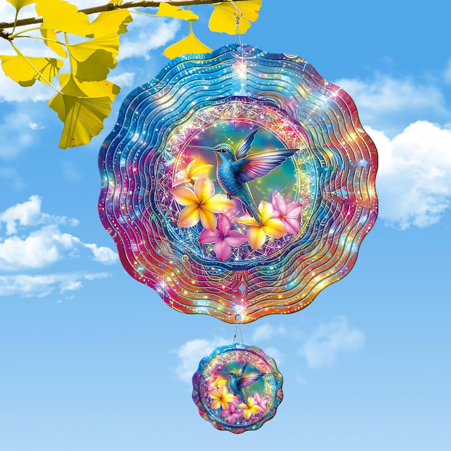 Rngmsi Hummingbird 3D Stainless Steel Wind Spinner hanging in a garden