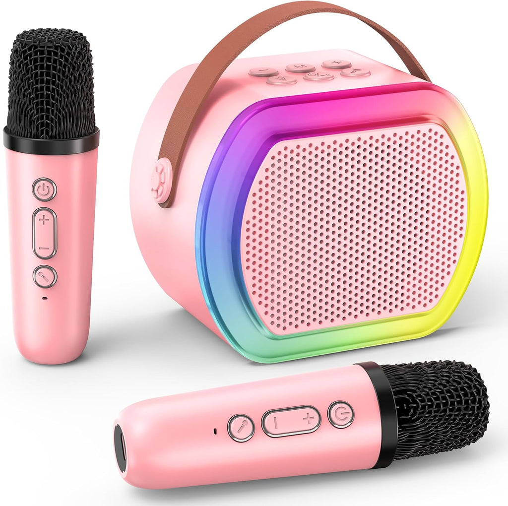 Lushstile mini karaoke machine front view pink portable bluetooth speaker with handle