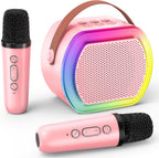 Lushstile mini karaoke machine front view pink portable bluetooth speaker with handle