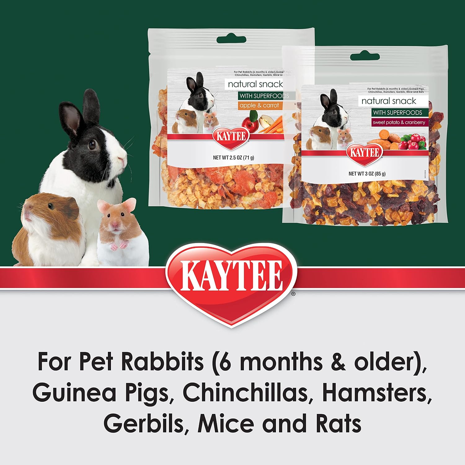 Kaytee apple and carrot natural snack packaging details and daily feeding guide